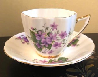 Vintage Royal Victoria Tea Cup and Saucer with Purple Violets Gold Trim