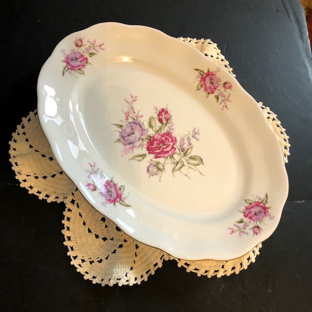 Bandeja grande de carne de pavo con diseño floral de Favolina, estilo antiguo, con envío gratuito, flores rosas y lavanda con adornos dorados, repuestos para pulir