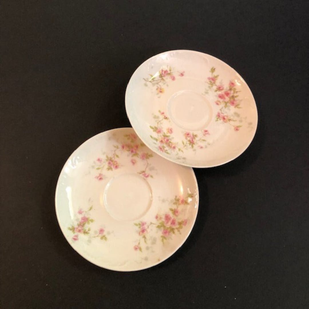 Set of 2 Theodore Haviland Limoges Pink Roses Floral Teacup Saucers