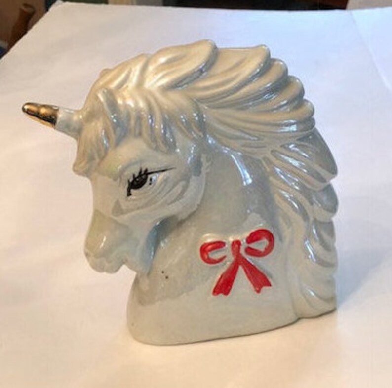 Ceramic Unicorn Head Figurine With Gold Horn and Red Bow Etsy