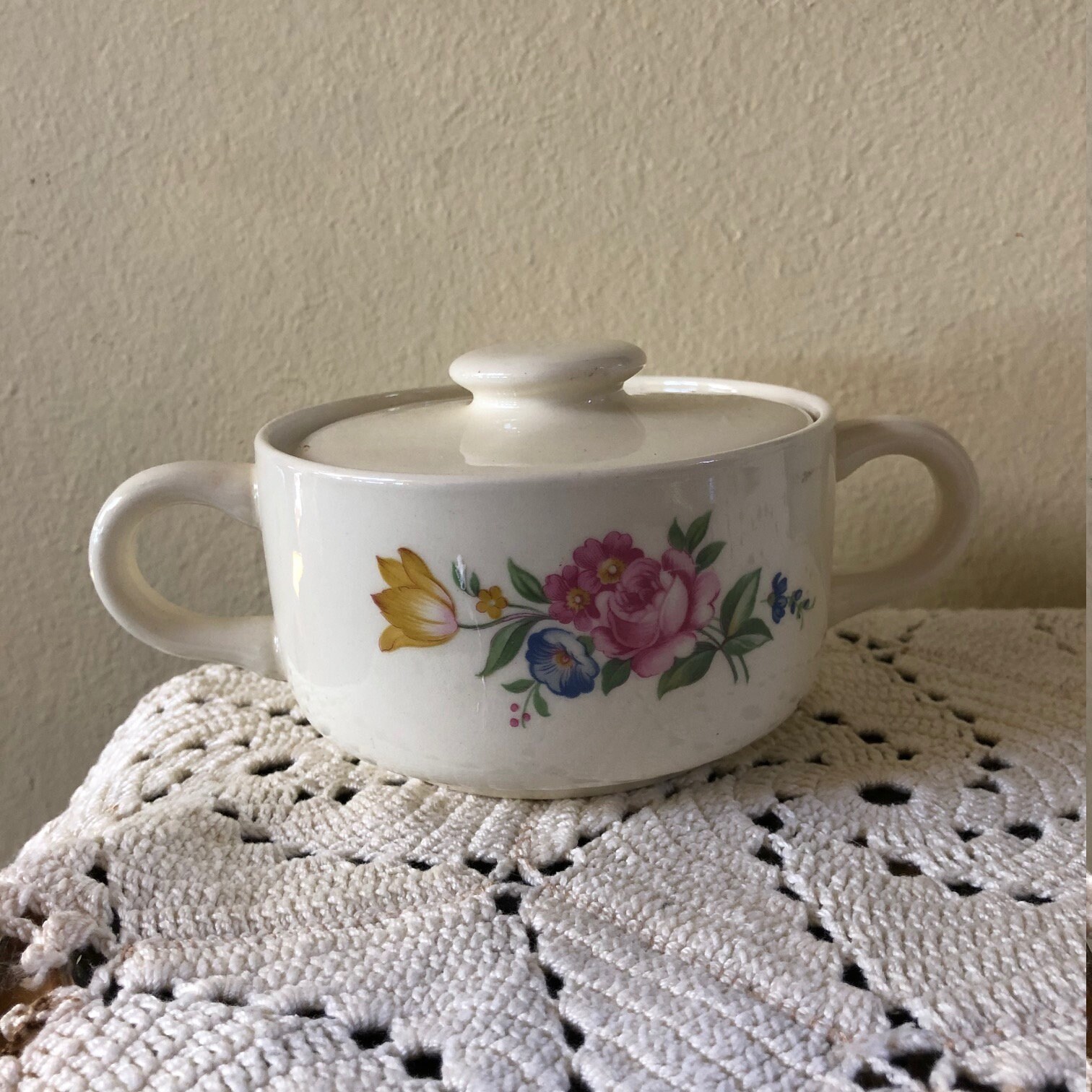 Vintage Covered Floral Sugar Bowl With Two Handles Free Etsy