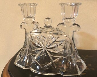 Vintage Double Clear Glass Candle Holders MCM Home Decor Candlesticks Table Decor Candelabra