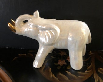 Vintage White Elephant Figurine with Gold Tusks Free Shipping Africa African Decor Good Luck
