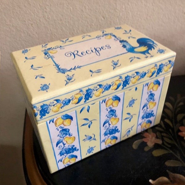 Blue and Yellow Recipe Box with Fruit and Rooster Design Free Shipping Country Kitchen Decor