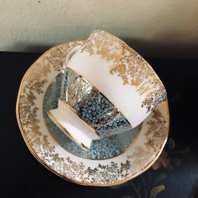 Vintage Salisbury Tea Cup and Saucer Aqua Blue With Gold