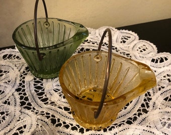 Vintage Set Of 2 Green and Amber Glass Coal Bucket Ash Tray Free Shipping Continental