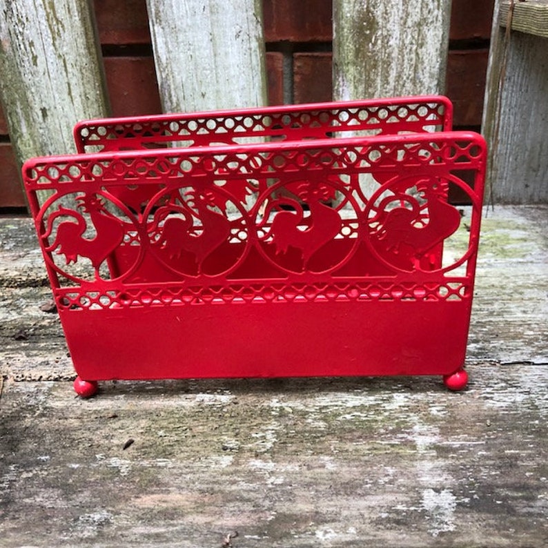 Red Rooster Metal Napkin Holder Vintage Rustic Chicken Country Kitchen Decor Americana