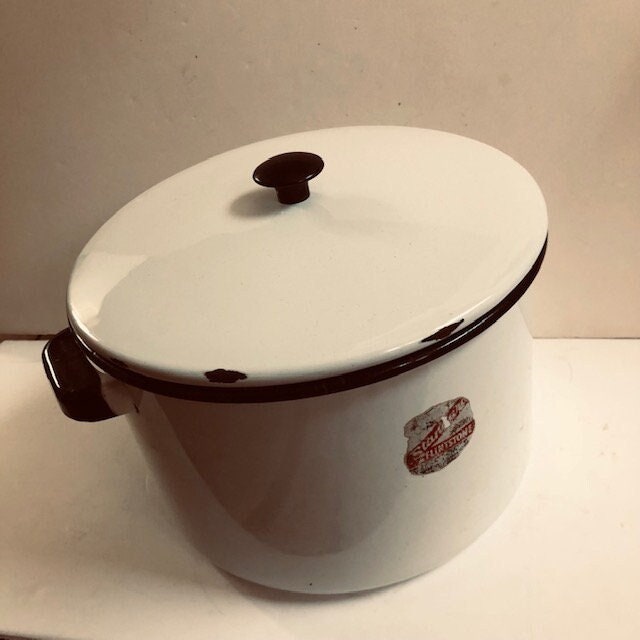 Antique Vintage Large Enamel Pot Stock Extra Large Dutch Oven With Lid Pan  Cookware Dish White With Black Trim Unusually Good Condition 