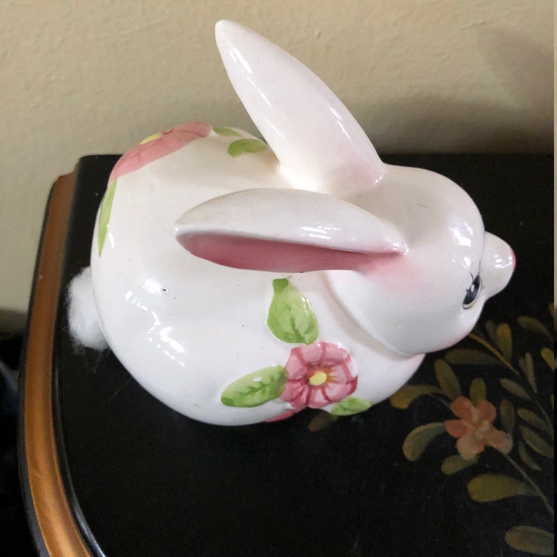 Ceramic White Cute Bunny Figurine Rabbit Cotton Ball Holder with Pink Flowers Free Shipping