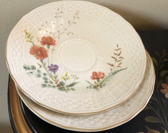 May include: Two white ceramic saucers with a floral design. The saucers have a raised rim and a delicate floral pattern in shades of red, orange, yellow, green, and purple.