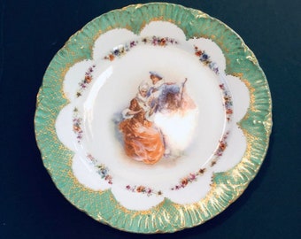 Vintage Victorian Couple Green Floral Decorative Cabinet or Wall Plate Free Shipping Antique Home Decor MCM Shabby Chic