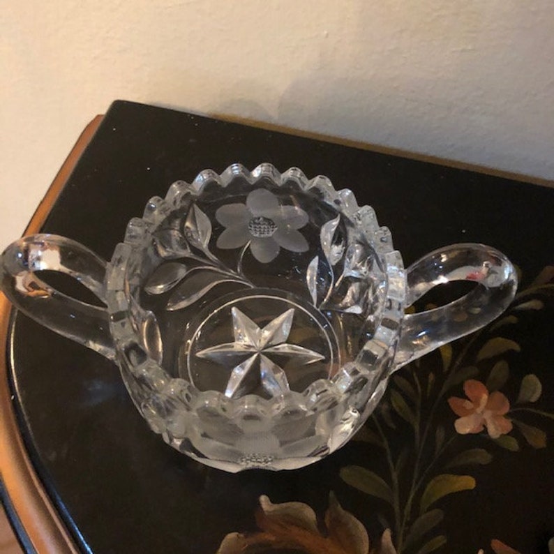 Vintage Lead Crystal Etched Glass Sugar Bowl With Handles Free Etsy