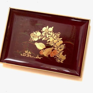 Vintage Otagiri Burgundy Dark Red and Gold Lacquerware Dresser Tray Free Shipping Trinket Dish