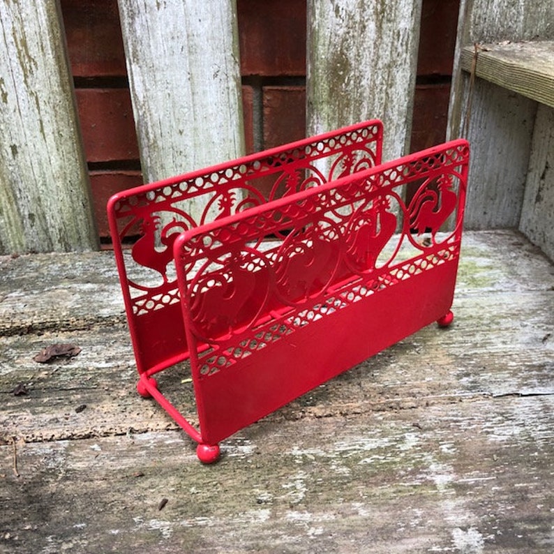 Red Rooster Metal Napkin Holder Vintage Rustic Chicken Country Kitchen Decor Americana