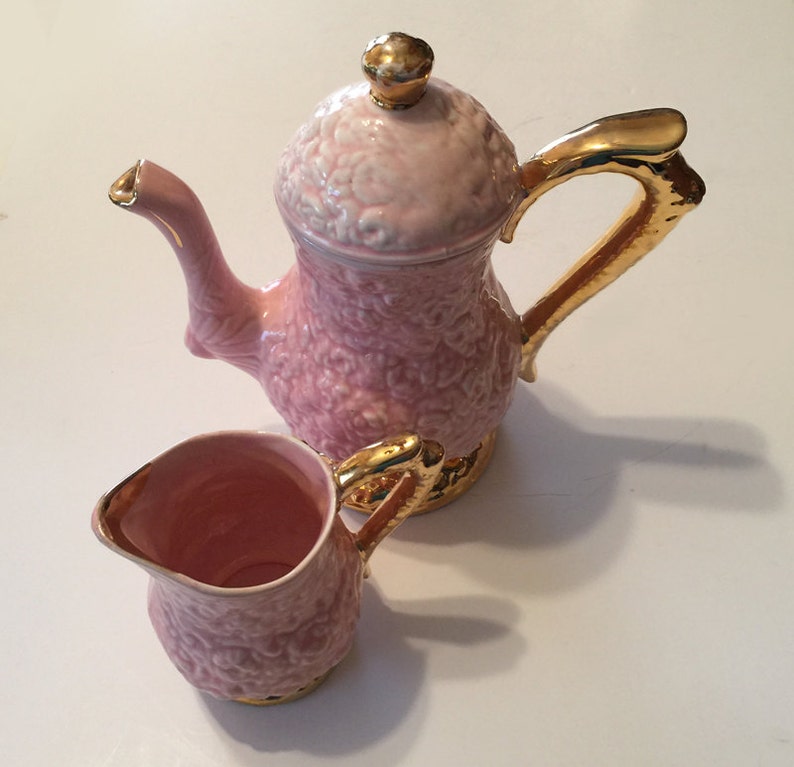 Vintage Ceramic Pink Teapot with Matching Pitcher Set Pink Roses Home Decor Princess Party Tea Pot image 2