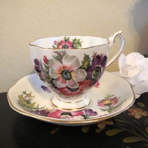 Vintage Anemone Flowers Queen Anne Floral Tea Cup and Saucer Set Free Shipping Pink Purple
