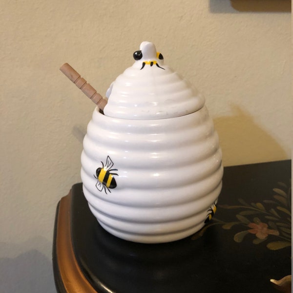 Pot de miel distributeur de miel en céramique blanche avec trempette Livraison gratuite Décor de cuisine sur le thème des abeilles