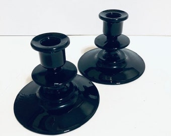 Pair Vintage Round Black Glass Taper Candle Holder Set 3.75” Tall Free Shipping Dining Room Home Decor Candlesticks