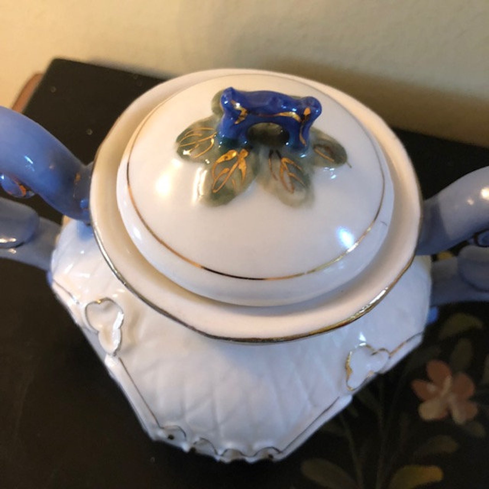 Unique Sugar Bowl With Blue Handles Gold Accent Vintage Fine Etsy