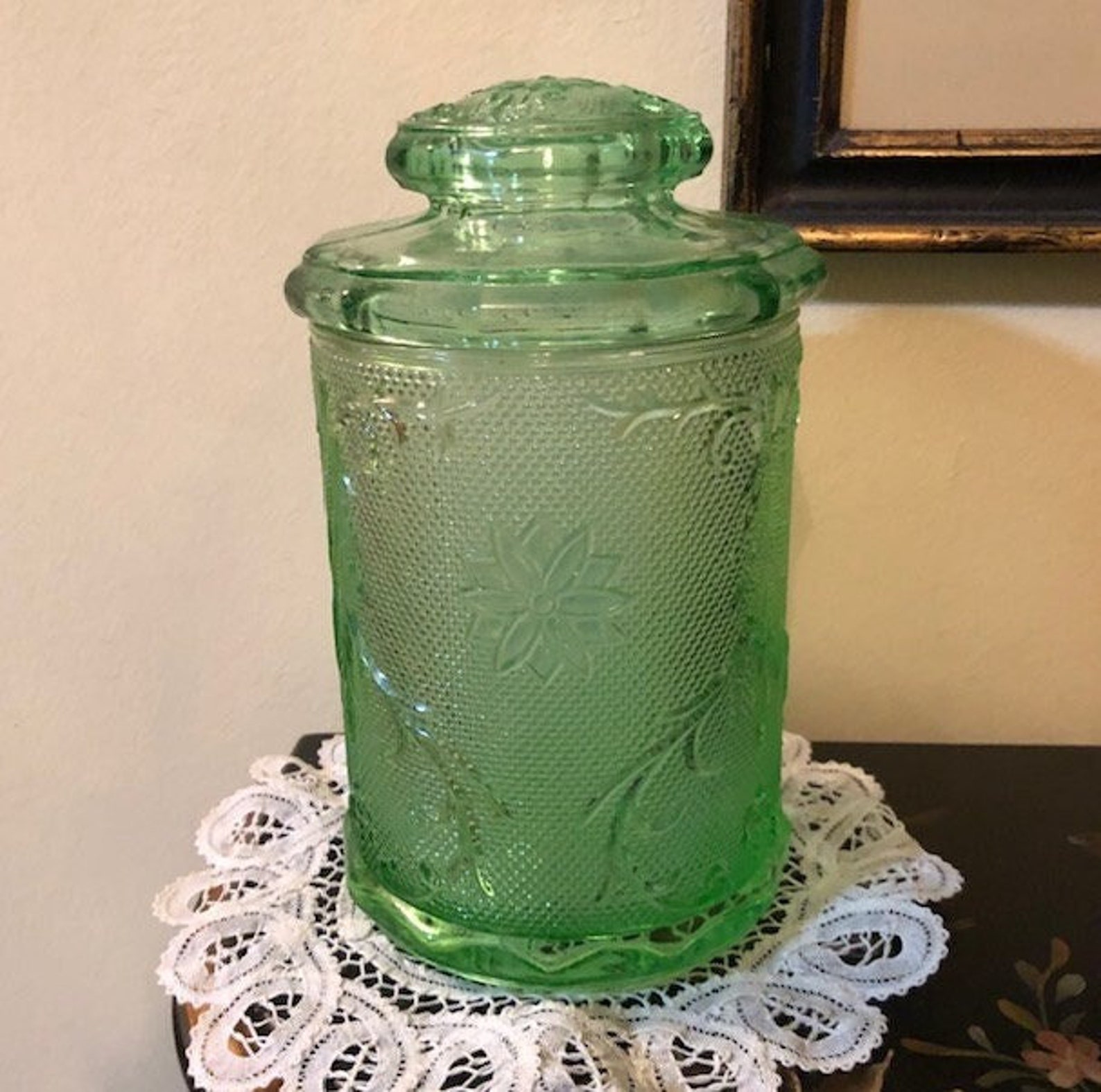Tiara Chantilly Indiana Sandwich Glass Green Canister With Lid Etsy