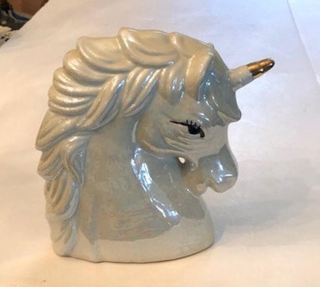 Ceramic Unicorn Head Figurine With Gold Horn and Red Bow Girls Bedroom
