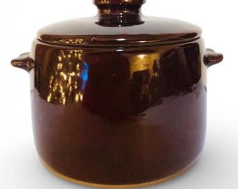 Vintage 1950s Brown Westbend Bean Pot Genuine Stoneware With Lid USA MCM Kitchen Decor Farmhouse Crock Boston West Bend