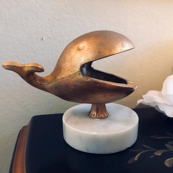 Vintage Brass Look Whale on Marble Base Ashtray Free Shipping MCM Home Decor Nautical Coastal Beach House