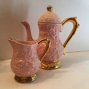 Vintage Ceramic Pink Teapot with Matching Pitcher Set Pink Roses Home Decor Princess Party Tea Pot image 1