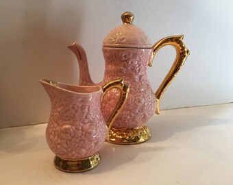 Vintage Ceramic Pink Teapot with Matching Pitcher Set Pink Roses Home Decor Princess Party Tea Pot