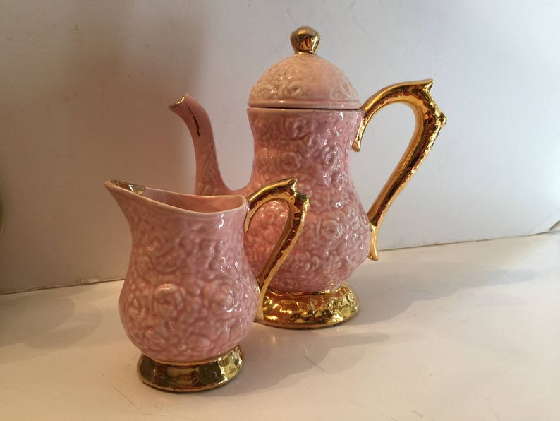 Vintage Ceramic Pink Teapot with Matching Pitcher Set Pink Roses Home Decor Princess Party Tea Pot image 1