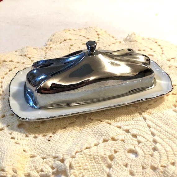 Sheffield Fine China Butter Dish with Metal Lid Free Shipping Replacements Silver and White