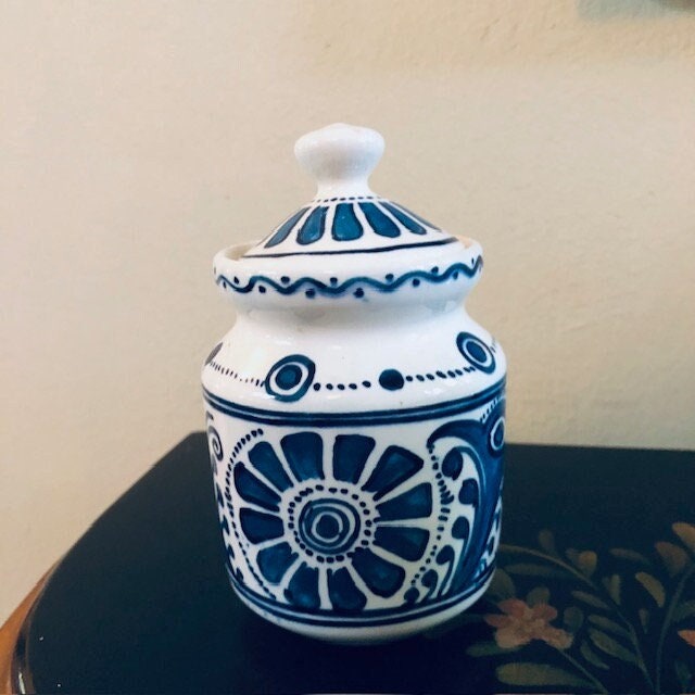 Felix Tissot Taxco Mexican Folk Art Blue and White Sugar Bowl With