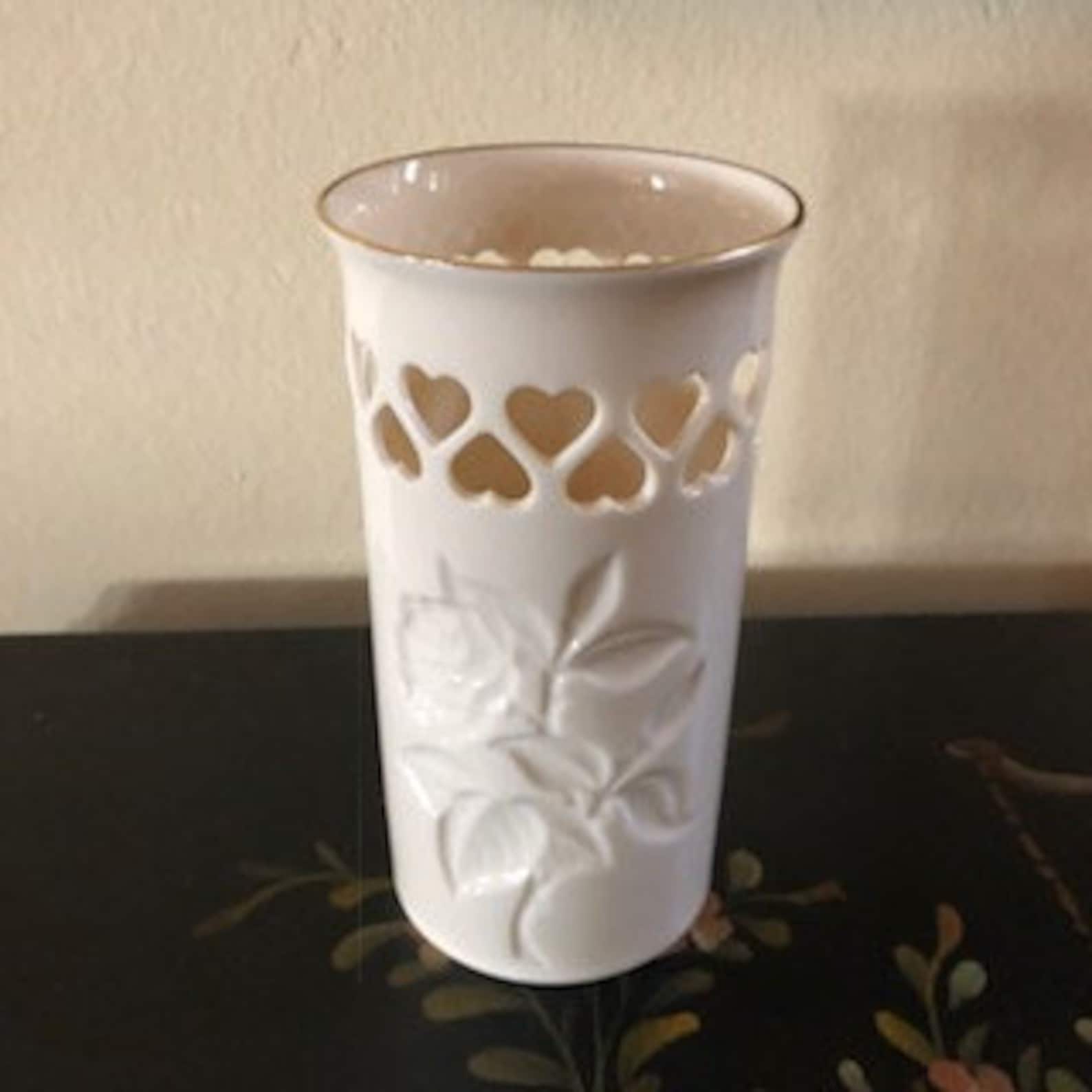 Lenox Vase With Rose Design and Cut Out Hearts Reticulated Etsy