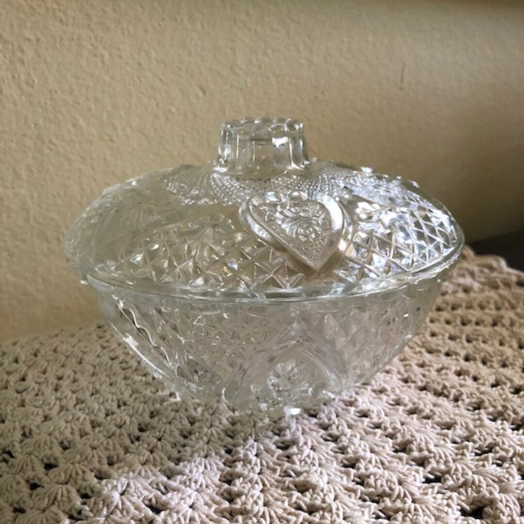 Vintage 1980's Covered Heart Motif Pressed Glass Candy Dish With Lid
