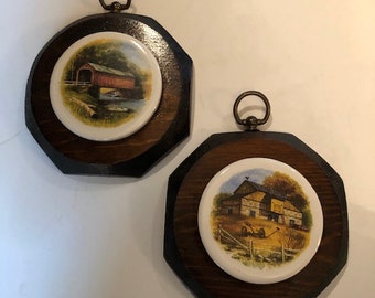 Set of Two Wood and Ceramic Wall Pieces Covered Bridge and Barn Free Shipping Vintage Home Decor Country Kitchen Vermont Placques