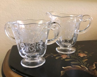 Clear Depression Glass Sugar Bowl and Creamer Set Free Shipping MCM Decor