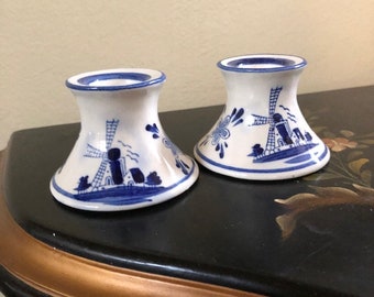 Set of 2 Blue and White Holland Windmill Candle Holders Free Shipping Candle Stick Holders