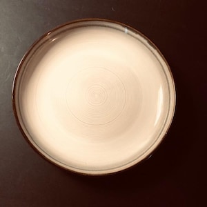 May include: A white ceramic dinner plate with a brown rim and a subtle swirl pattern.