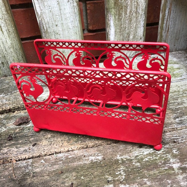 Red Rooster Metal Napkin Holder Vintage Rustic Chicken Country Kitchen Decor Americana