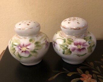 Vintage Porcelain Salt and Pepper Shakers with Purple Flowers Free Shipping