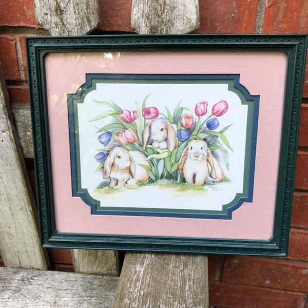 Bunnies and Tulips Print Framed Wall Art Garden Theme Bunny Rabbit Easter Decor