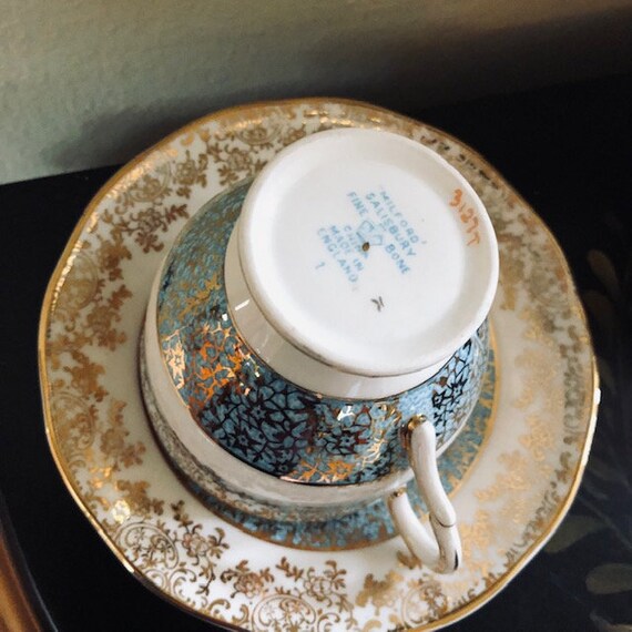イギリス Salisbury China社製 カップ＆ソーサー（ヴィンテージ） Vintage Salisbury Tea Cup and Saucer Aqua Blue With Gold