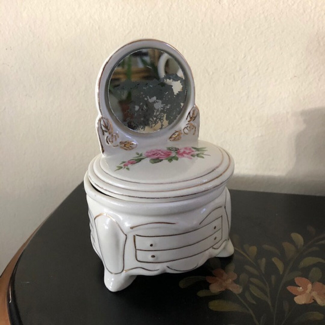 Vanity Table Shaped Dresser Dish With Mirror Pink Roses Trinket Hand ...