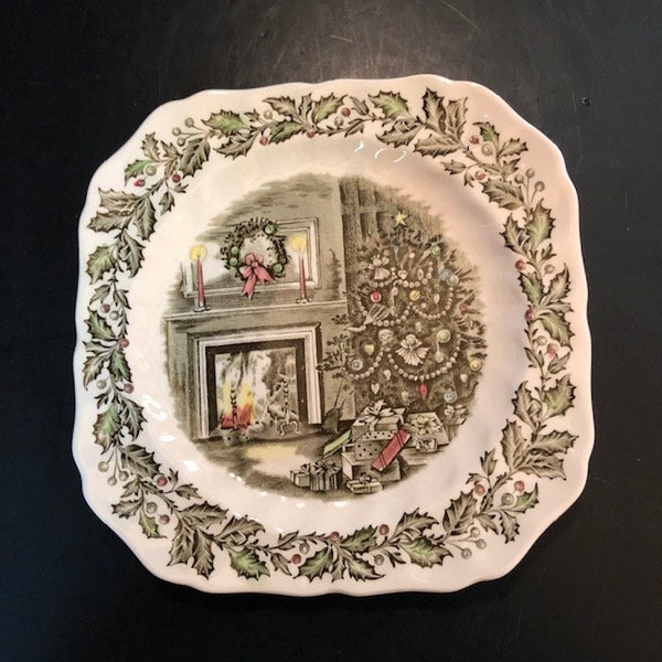 Vintage Square Johnson Brothers Merry Christmas Plate Made in England Tree Fireplace Free Shipping