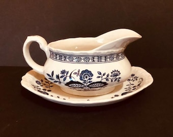 Vintage Blue Heritage Gravy Boat England Onion Pattern with Under Plate