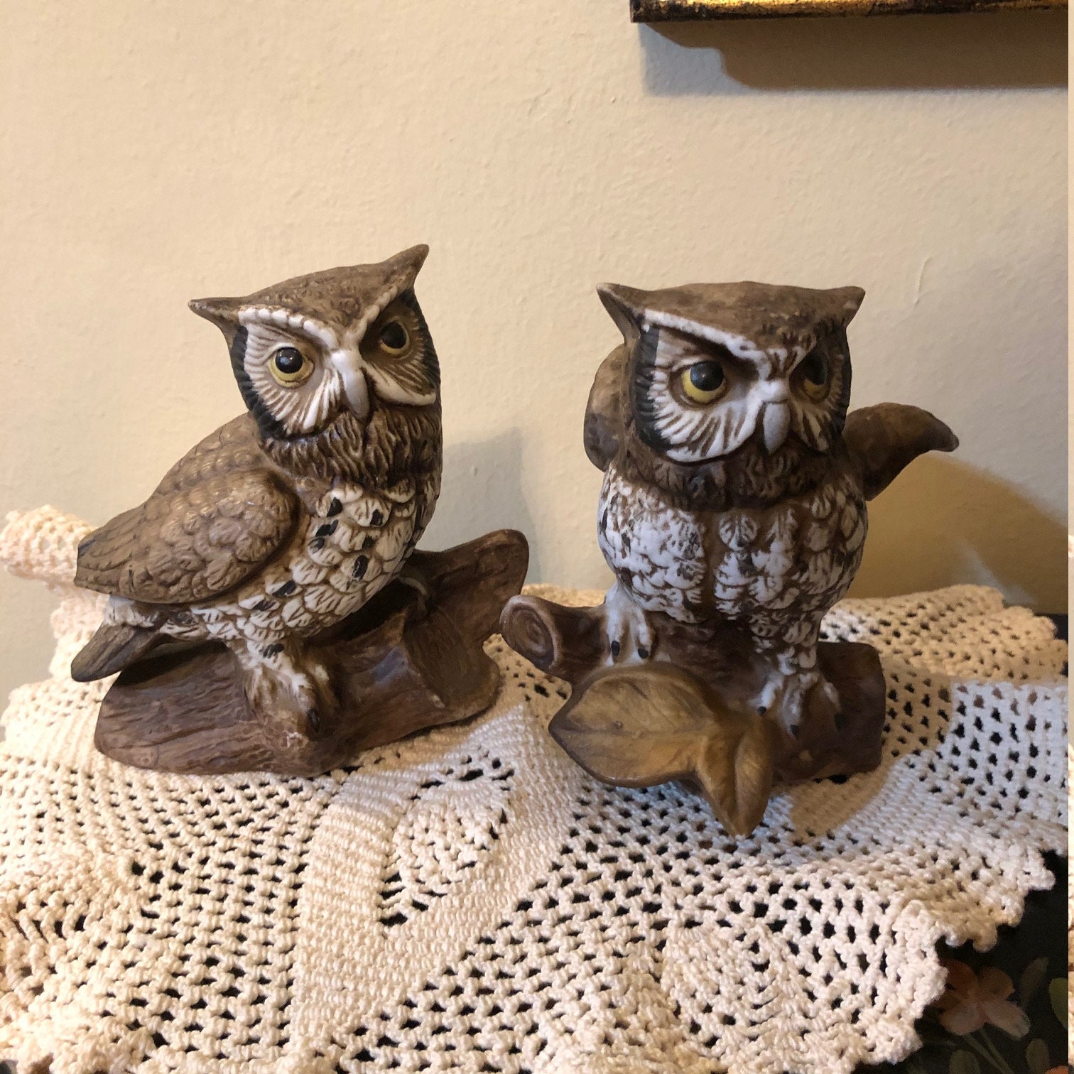 Vintage 1970/'s Homco Pair of Great Horned Owl Porcelain Figurines # 1114 Free Shipping