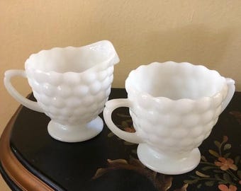 Vintage White Milk Glass Bubble Pattern Pedestal Creamer and Sugar Bowl Set MCM Kitchen Decor Anchor Hocking