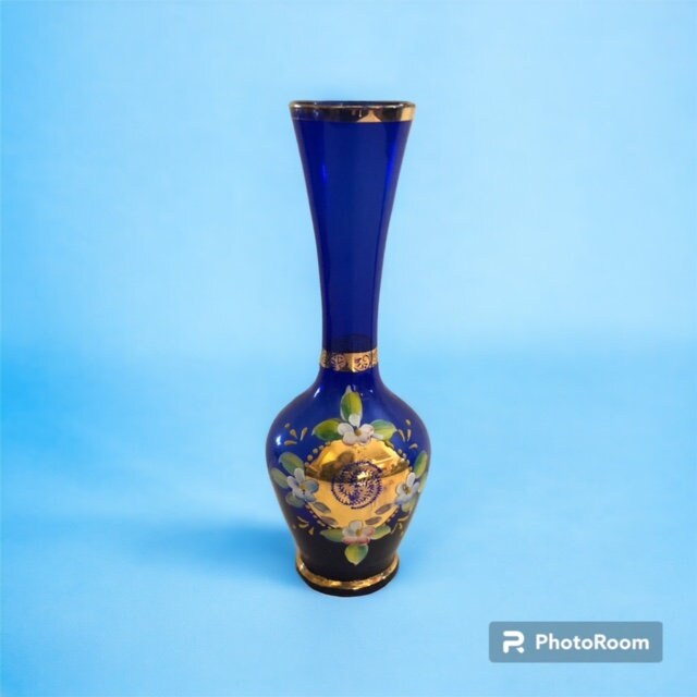 Cobalt Blue Glass Flower Vase Sculpted Floral Bohemian Design Free