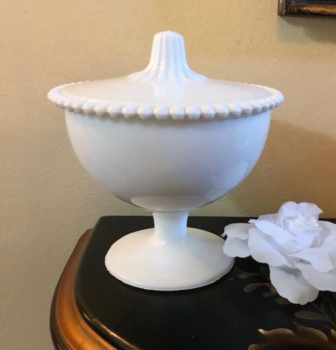 Vintage Indiana Milk Glass Compote Pedestal Bowl Beaded With Lid Candy ...