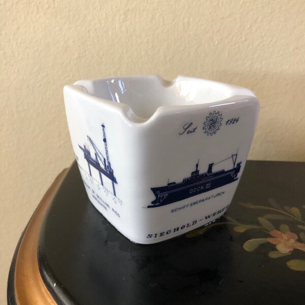 Vintage Altenkunstadt Ashtray German Ceramic Free Shipping Nautical Decor Oil Drilling Sieghold Shipyard Schiffen Blue and White Maritime